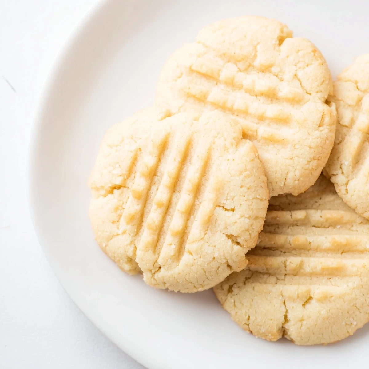 Golden-brown keto butter cookies with a crisscross fork pattern cooling on a baking sheet.