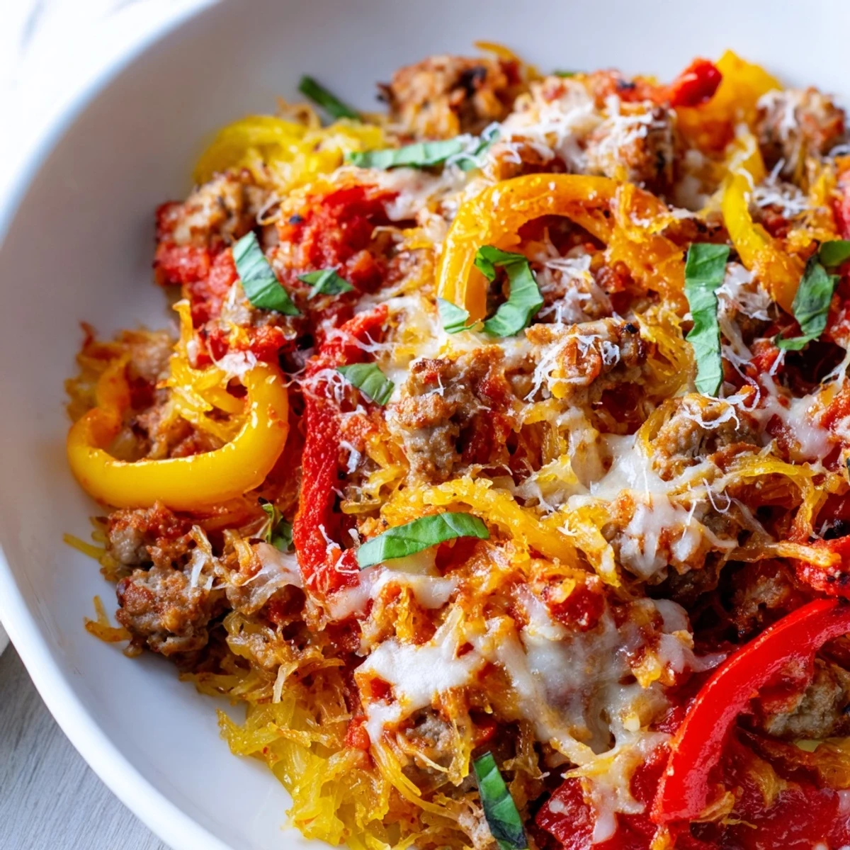 Golden-browned Sausage and Peppers Spaghetti Squash Casserole bubbling in a baking dish with fresh basil garnish.