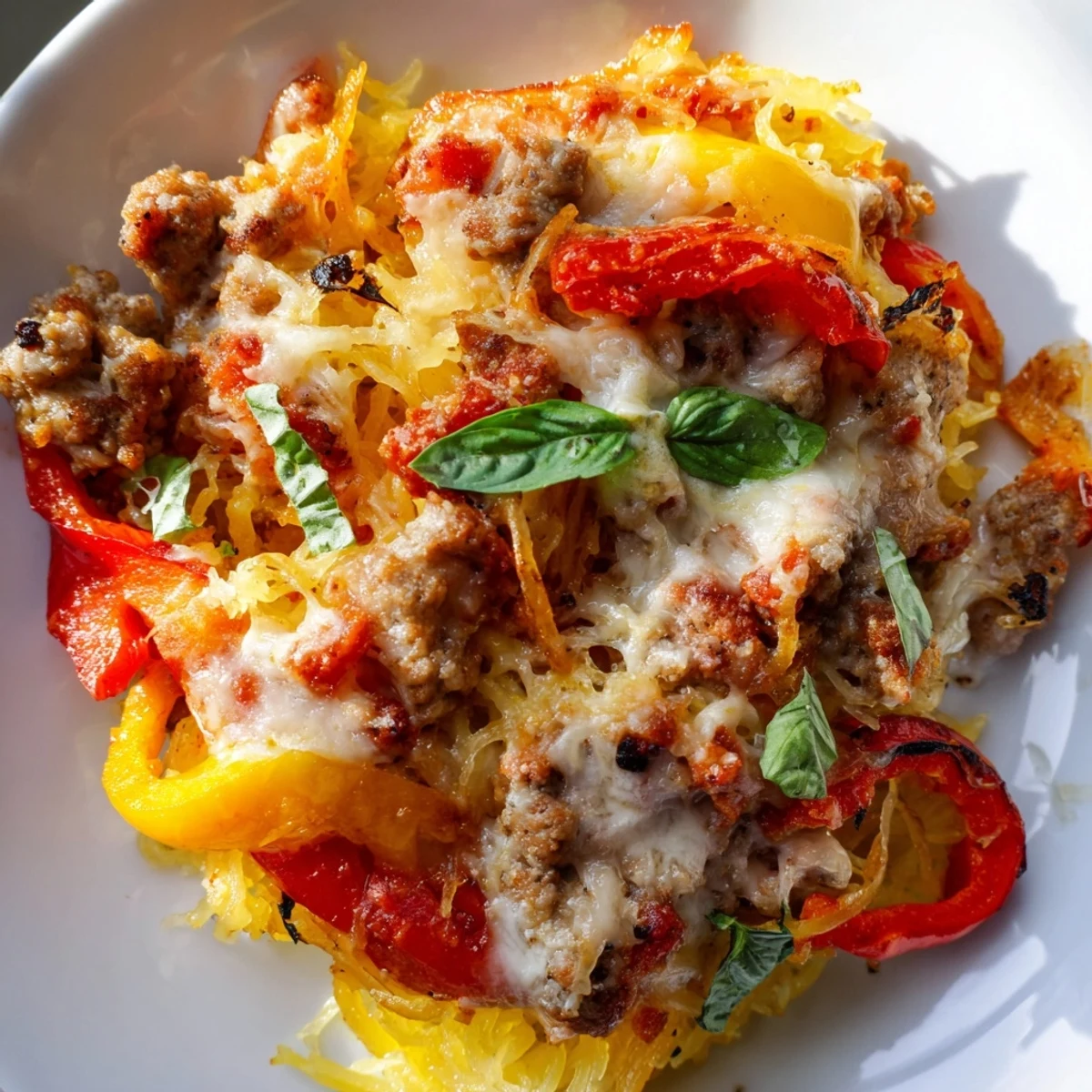 Serving suggestion for Sausage and Peppers Spaghetti Squash Casserole on a white plate with a side salad.