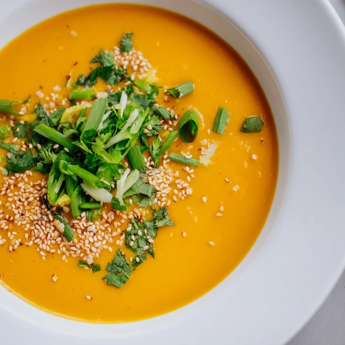 Warm bowl of Spicy Miso Carrot Soup with creamy orange texture and fresh cilantro garnish.
