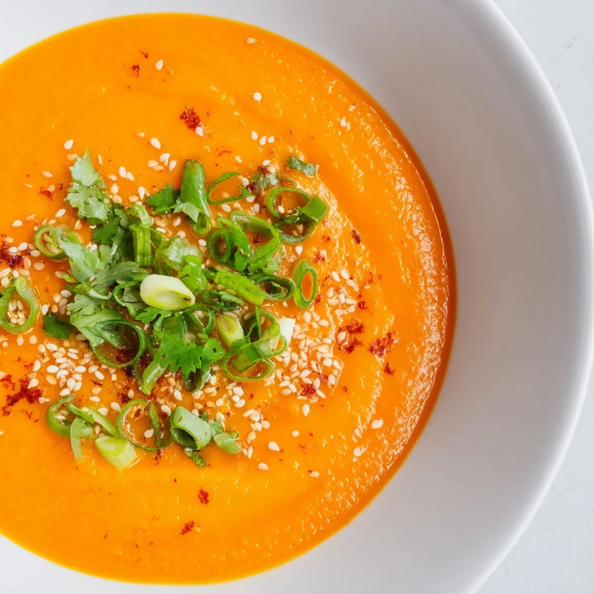 Steaming Spicy Miso Carrot Soup in a rustic ceramic bowl, ready for a comforting meal.