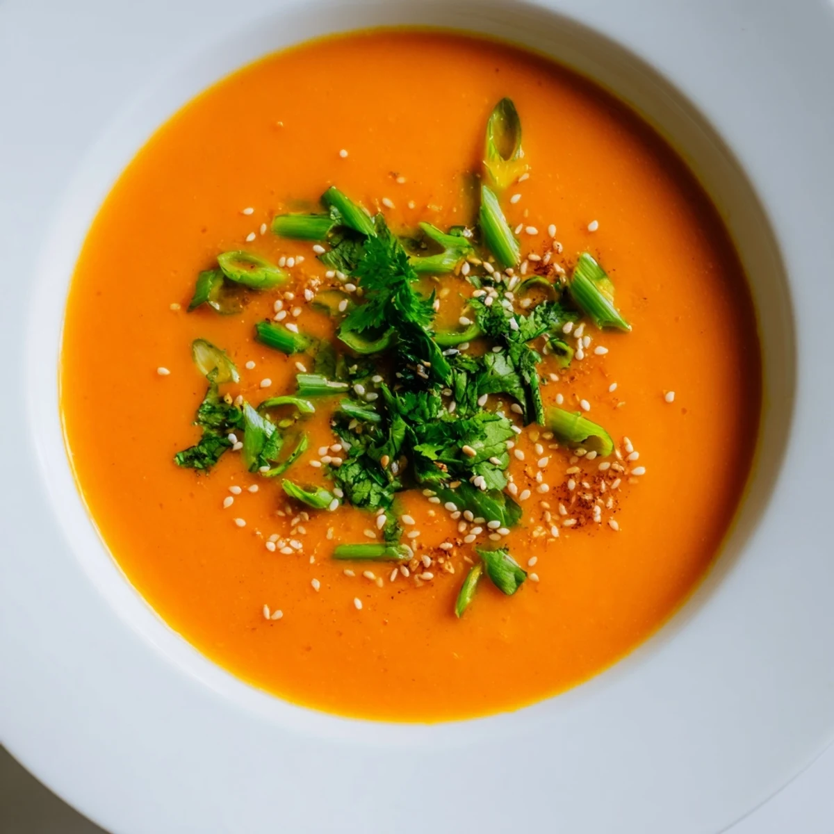 Vibrant Spicy Miso Carrot Soup topped with sliced green onions and toasted sesame seeds.