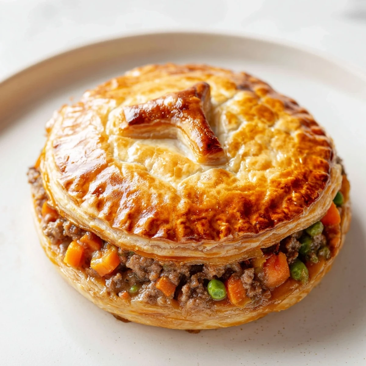 Six golden Savory Beef Meat Pies with flaky pastry and a hearty beef vegetable filling.