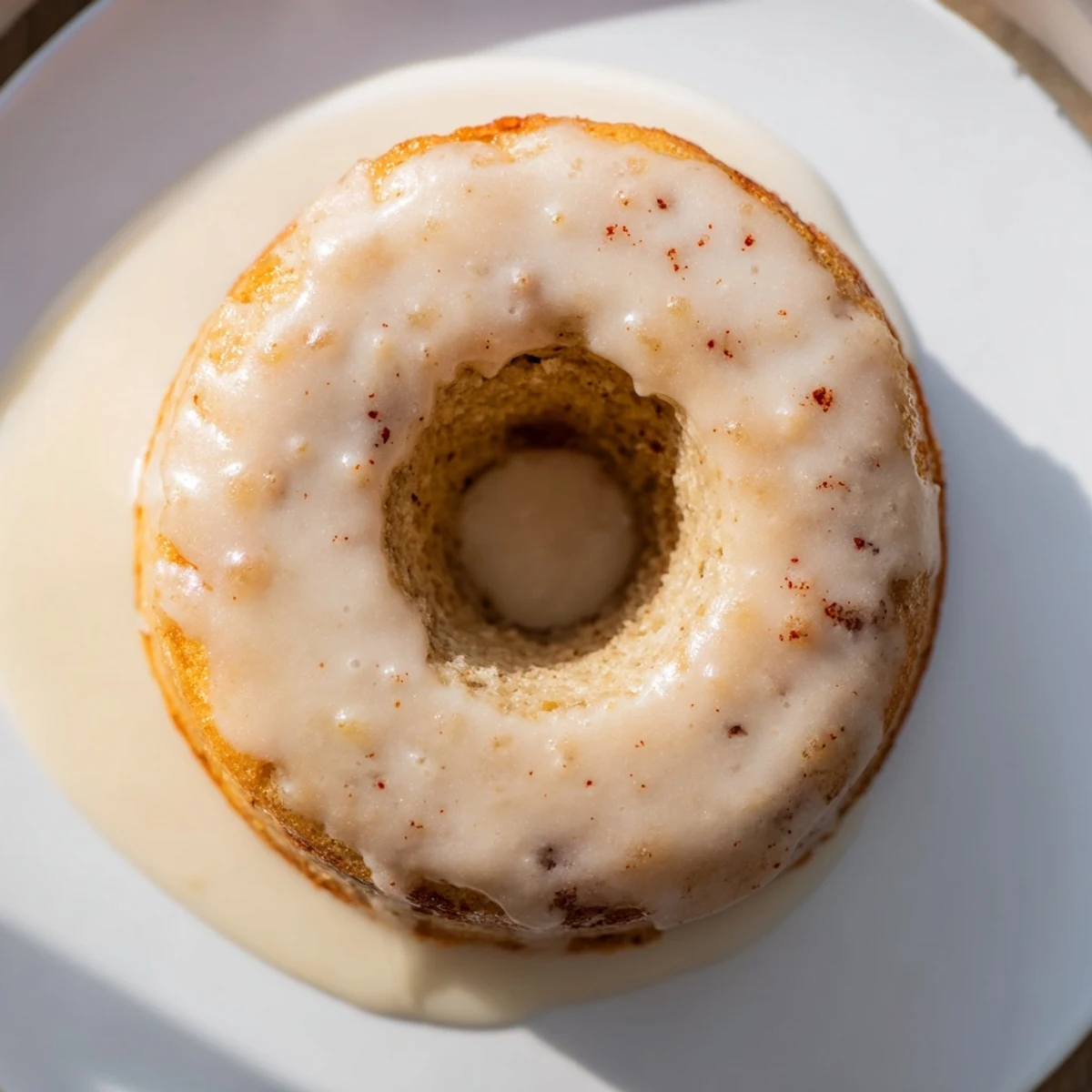 Golden Baked Banana Bread Donuts stacked on a plate, with a ripe banana and milk nearby for a cozy breakfast serving.