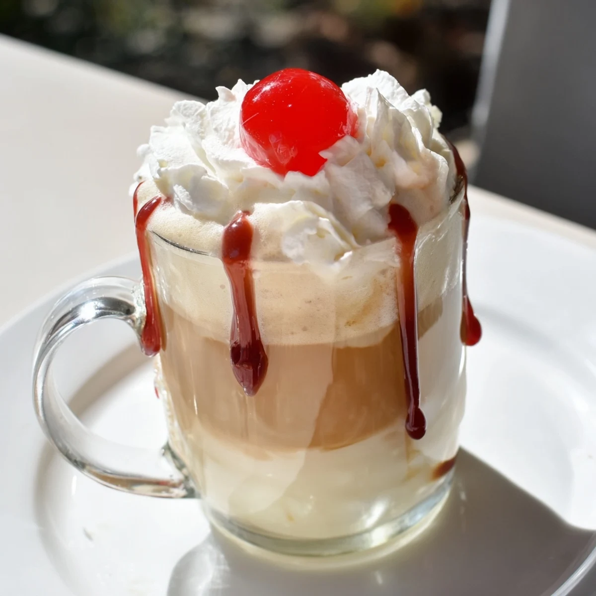 Served in a clear glass mug, the viral Cherry Vanilla Latte features whipped cream and cherry drizzle.