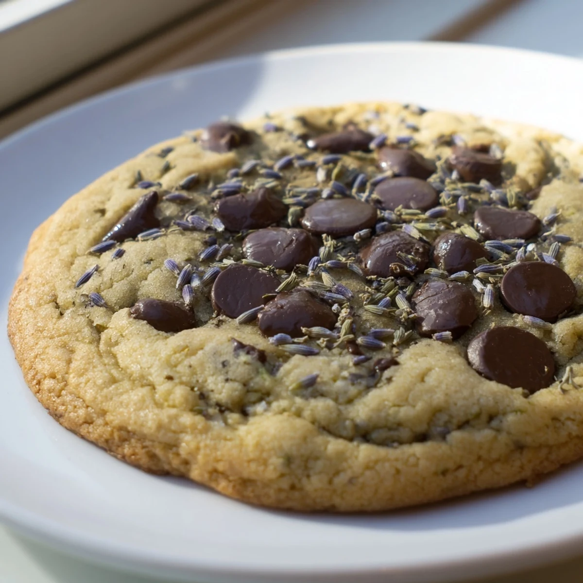 A close-up of Lavender Chocolate Chip Cookies, showing golden edges and melted chocolate chips on a rustic wooden board.