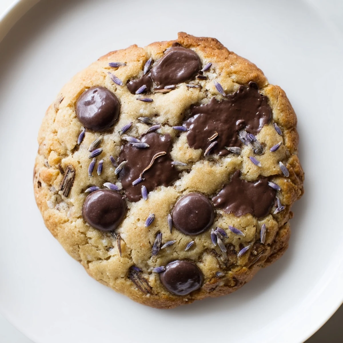 Freshly baked Lavender Chocolate Chip Cookies are stacked, revealing their soft centers and visible specks of dried lavender.