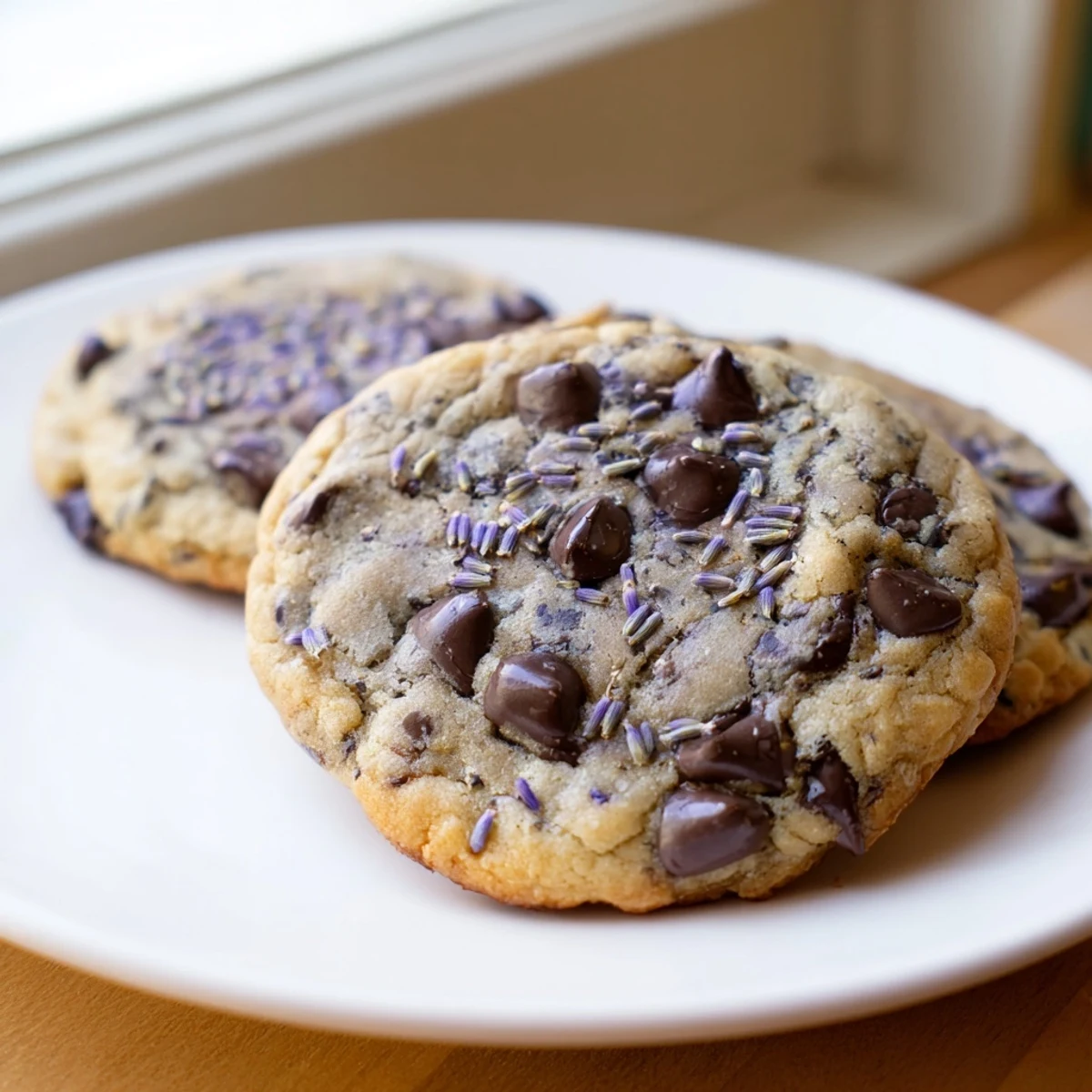 Four Lavender Chocolate Chip Cookies are arranged on a white plate, ready to be served with a cup of Earl Grey tea.