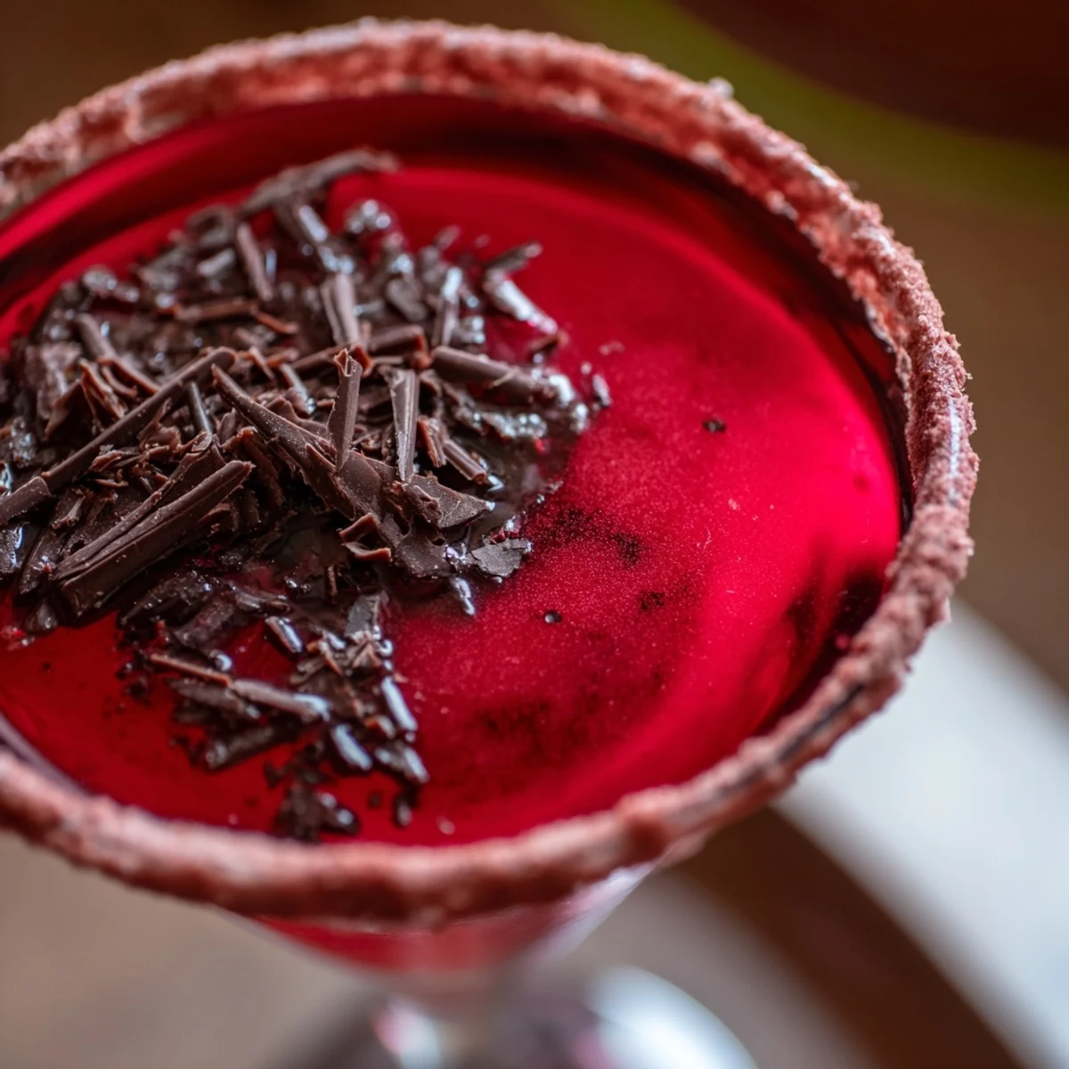 A chilled Decadent Red Velvet Martini in a rimmed glass with cream cheese frosting and chocolate shavings.  