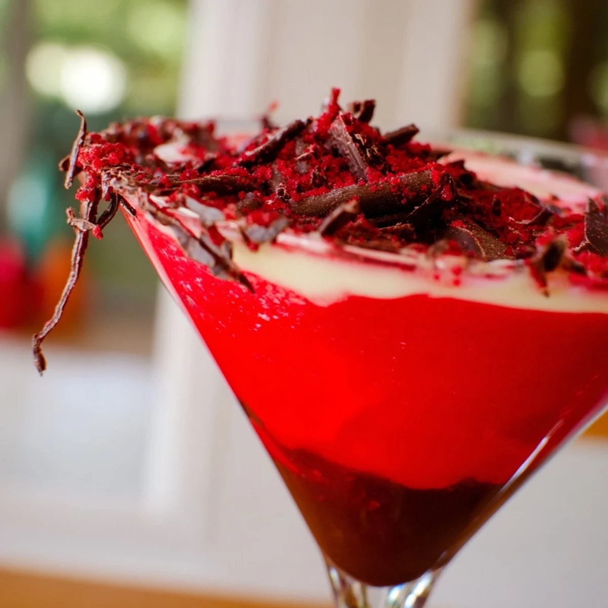 The Decadent Red Velvet Martini cocktail features a deep red hue and velvety texture next to cake crumbs.  
