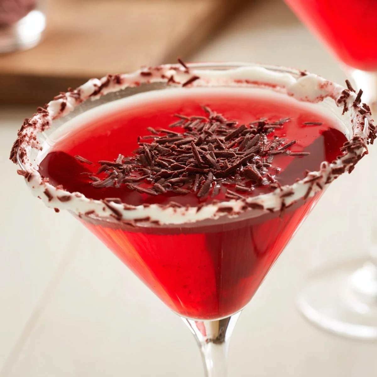 Serve the Decadent Red Velvet Martini garnished with chocolate shavings beside a slice of red velvet cake.