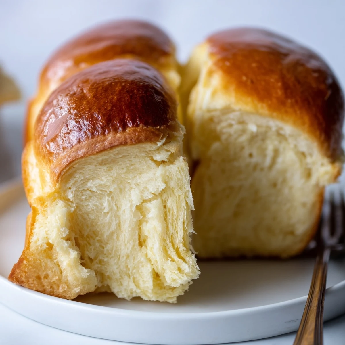 Freshly baked Milk Brioche loaf with a golden crust sits sliced on a wooden board, perfect for breakfast toast.