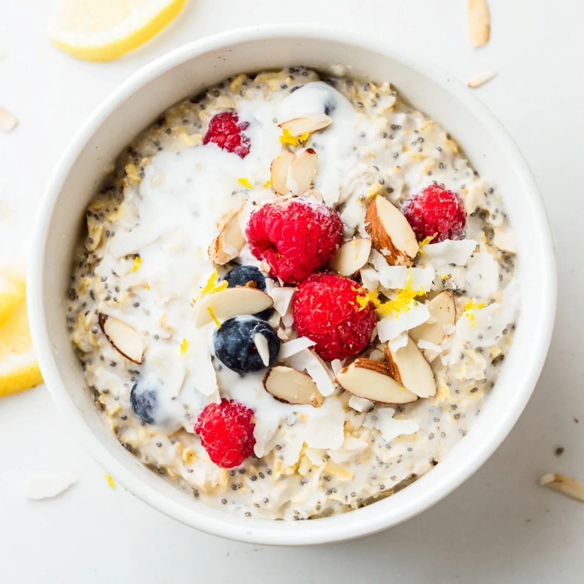Vegan Lemon Poppy Seed Overnight Oats with creamy texture and bright lemon zest, served chilled.
