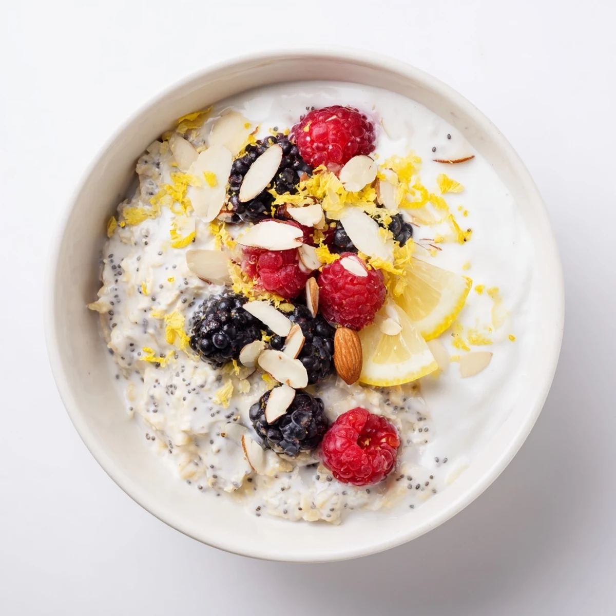 Stirred Vegan Lemon Poppy Seed Overnight Oats in a bowl, garnished with coconut yogurt and lemon.