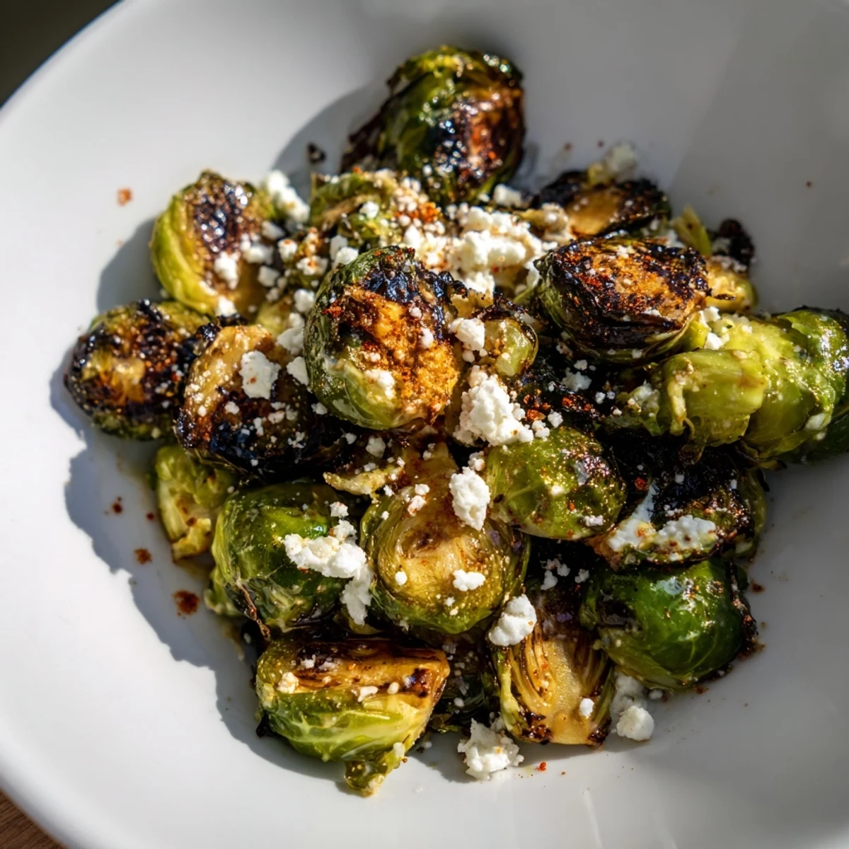 A warm serving of Mexican Street Corn Brussels Sprouts Delight with cilantro, cotija, and lime wedges on the side.
