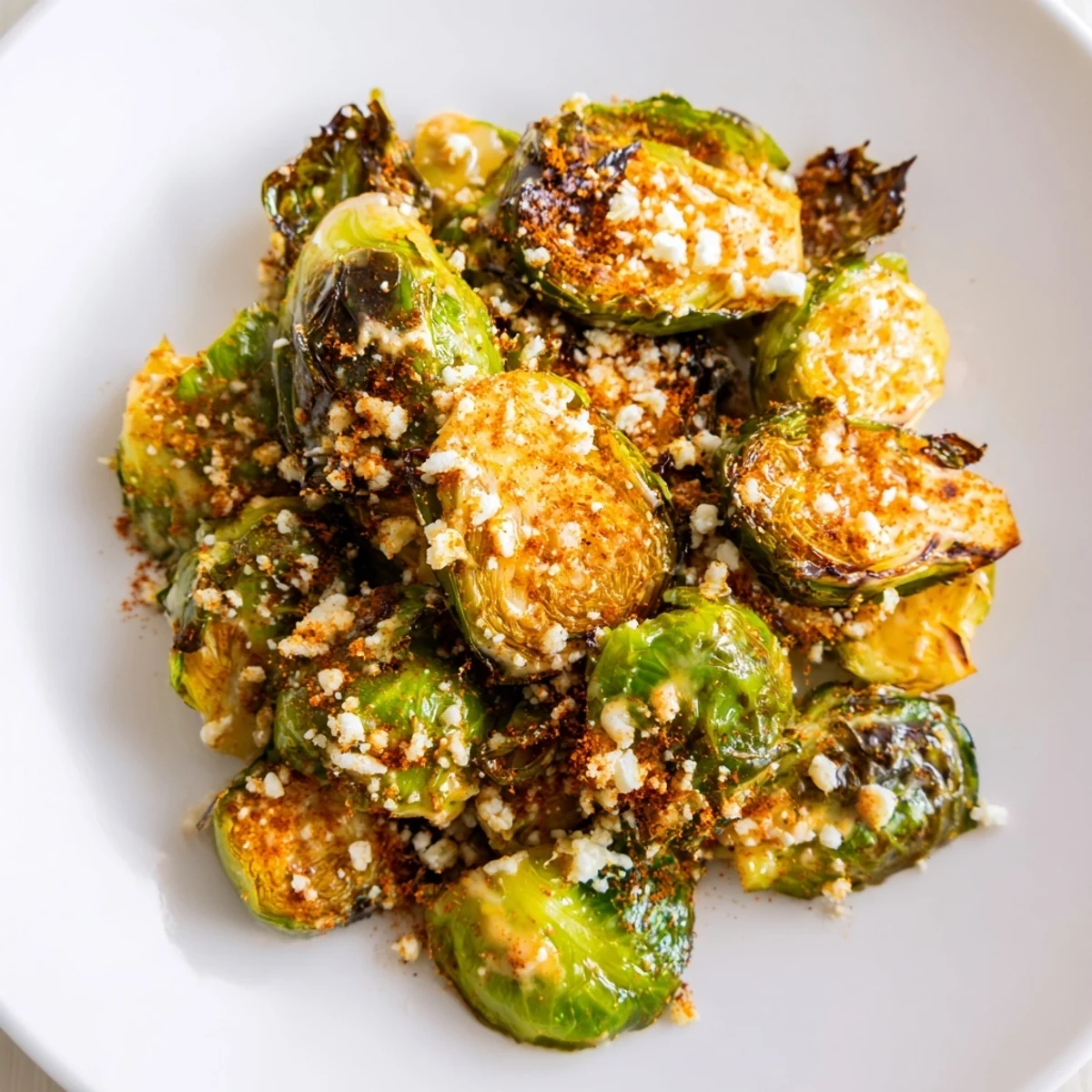 Crisp, golden Brussels sprouts tossed in Mexican Street Corn Brussels Sprouts Delight with tangy lime and chili powder.