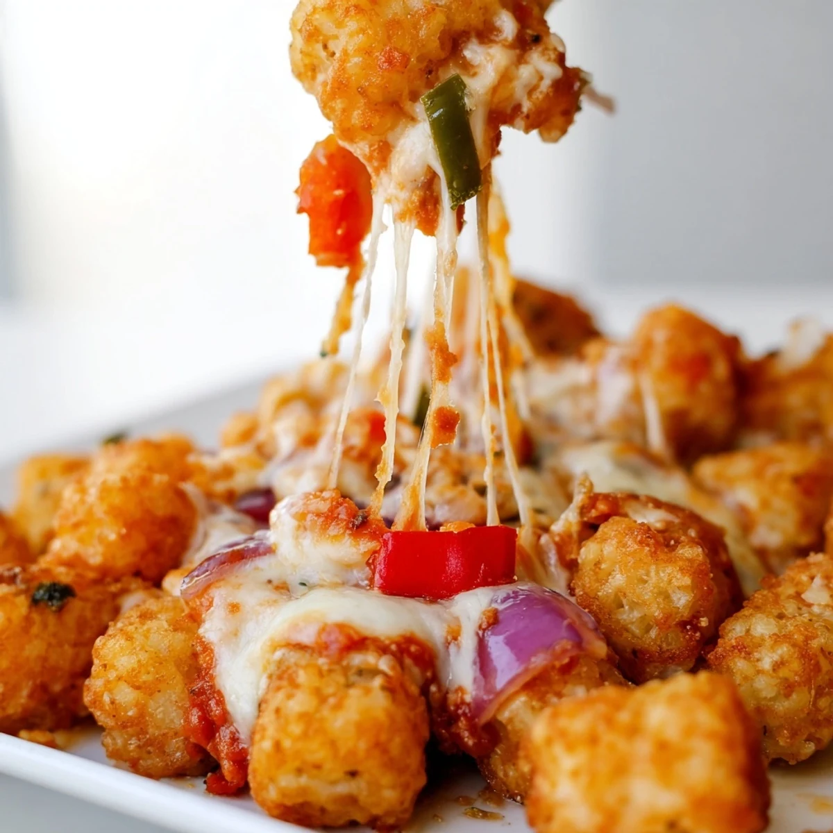 Slice of Cheesy Pizza Tot Casserole on a plate next to a fresh salad, showing bubbling cheese and savory toppings.