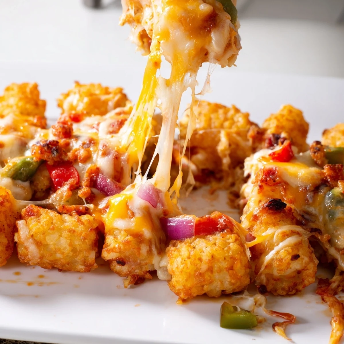 Comforting Cheesy Pizza Tot Casserole baking in a dish, featuring crispy tater tots, pizza sauce, and colorful veggies.