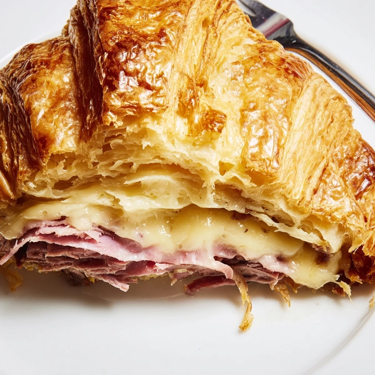 Flaky golden croissants stuffed with beef, ham, and melty cheese after air fryer crisping.