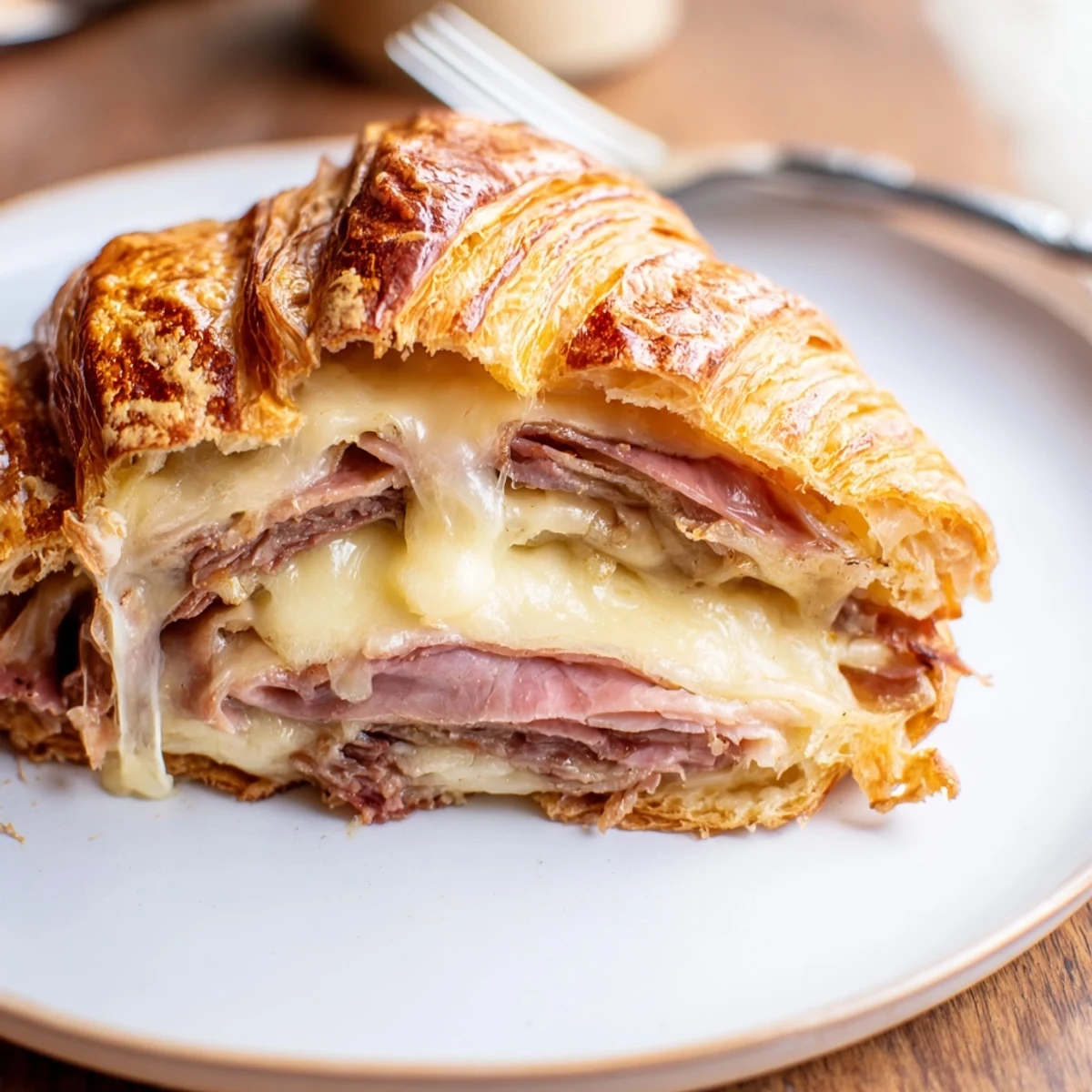 Buttery, crispy Easy Air Fryer Beef Ham Cheese Croissants rest on a rustic plate.