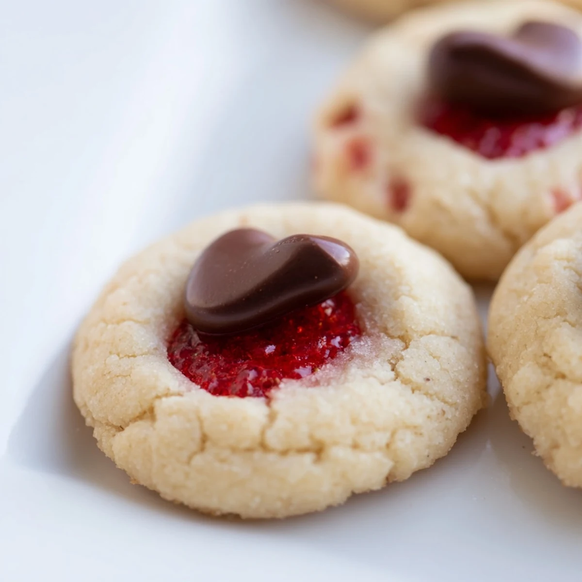 Freshly baked Strawberry Kiss Cookies with melted chocolate centers and a soft, jammy texture on a cooling rack.
