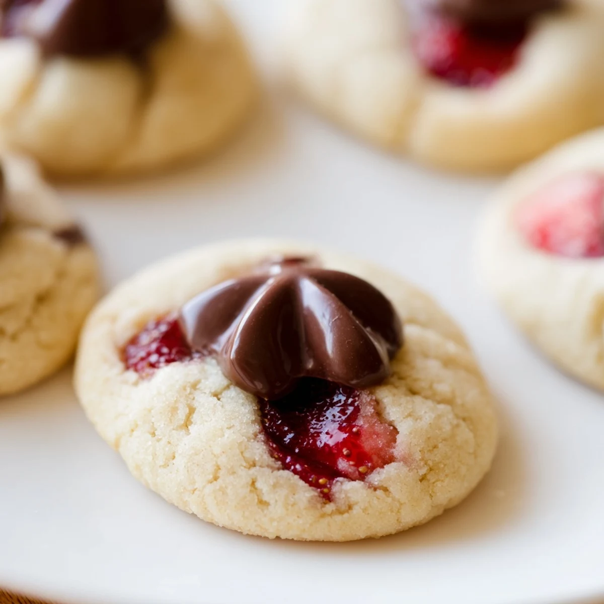 A batch of golden-brown Strawberry Kiss Cookies topped with milk chocolate kisses, perfect for springtime dessert parties.