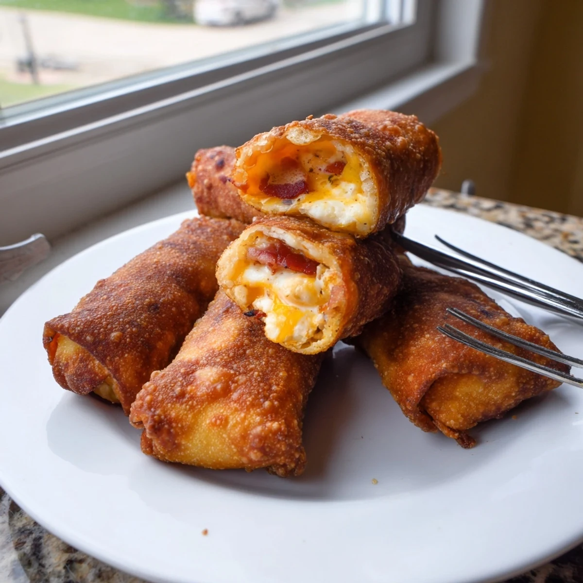 Golden brown Bacon Jalapeño Popper Eggrolls with melted cheese filling and crispy wrappers, served on a platter with dipping sauce.