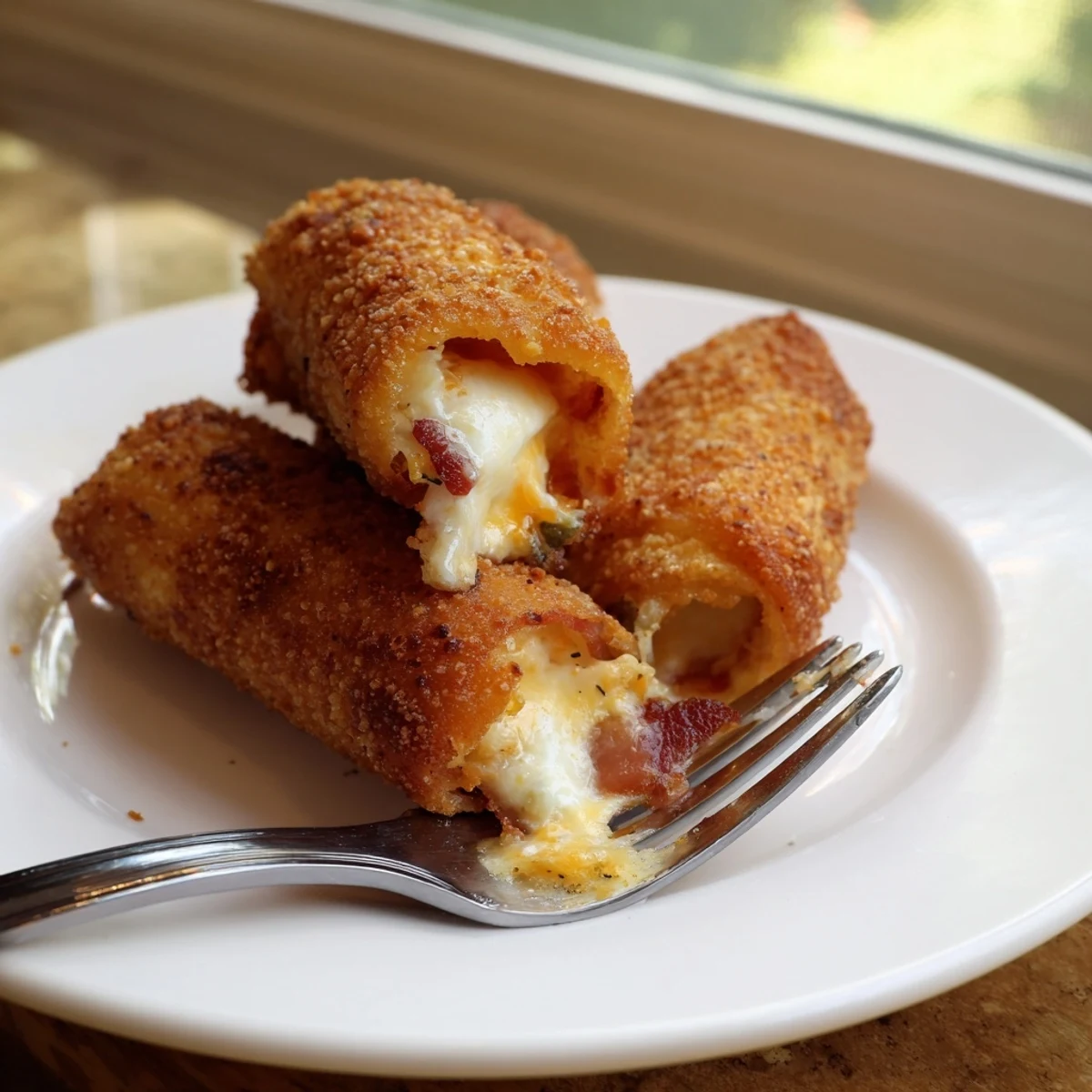 Freshly fried Bacon Jalapeño Popper Eggrolls display specks of green jalapeños and crumbled bacon on a rustic table setting.