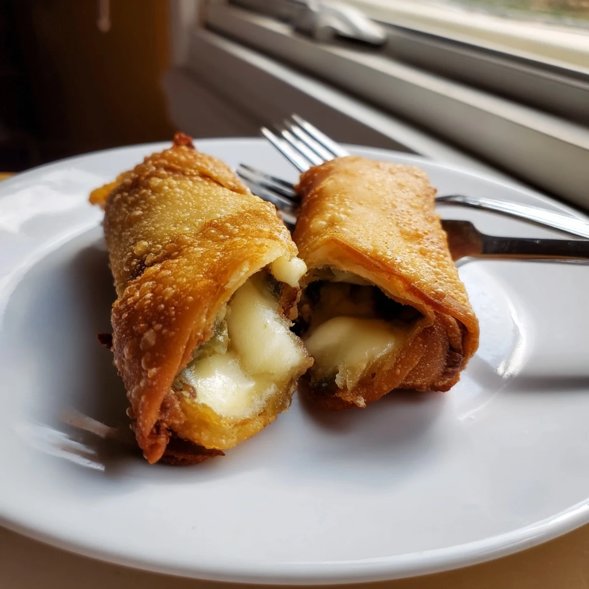 Bacon Jalapeño Popper Eggrolls are stacked on a wire rack with steam rising, highlighting their crunchy texture and spicy aroma.