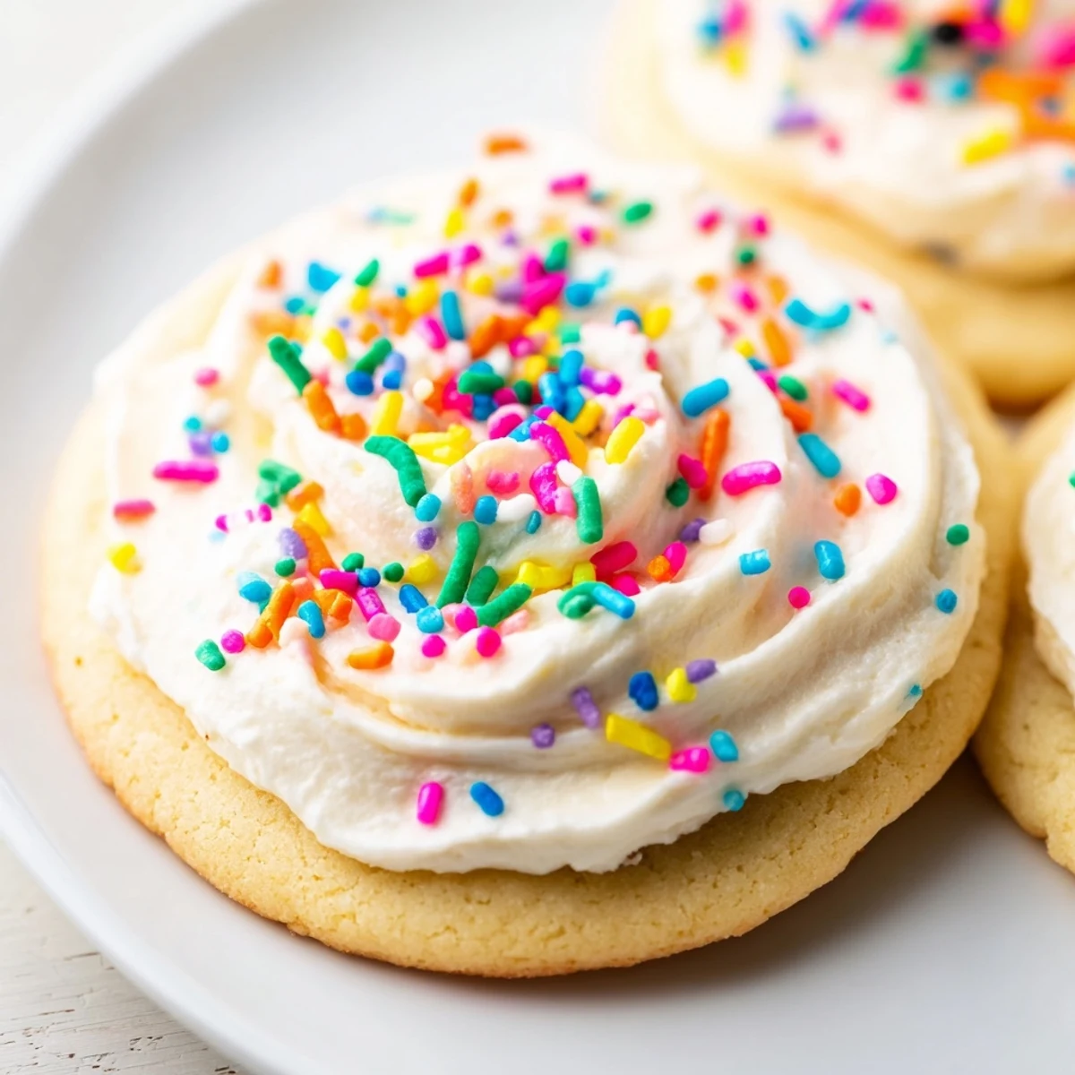 A close-up of Walmart-Style Sugar Cookies with Buttercream Frosting shows fluffy white icing swirled on top, with colorful sprinkles scattered across the dessert.