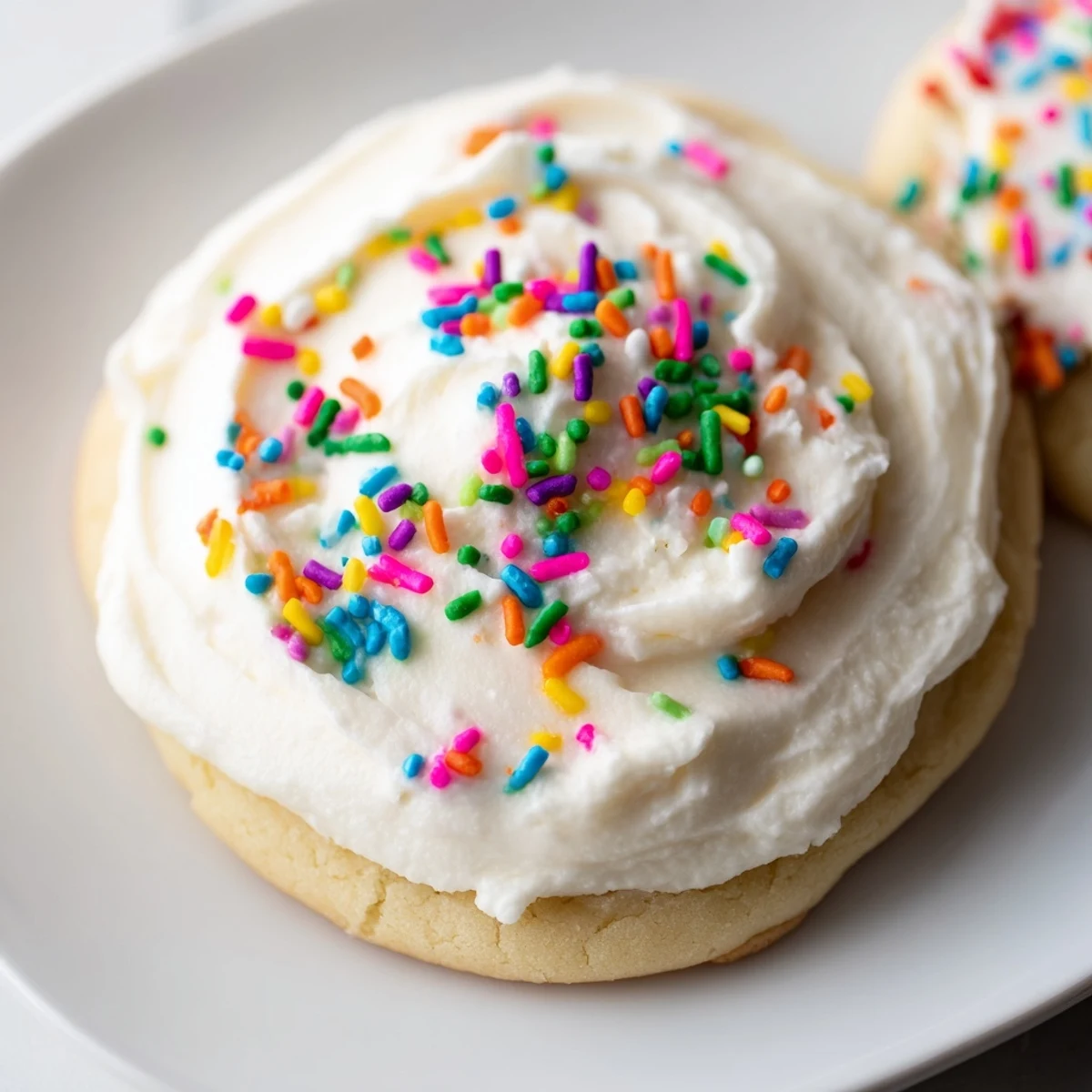 Stacked Walmart-Style Sugar Cookies with Buttercream Frosting are arranged on a white plate, ready for a sweet party treat or afternoon snack.