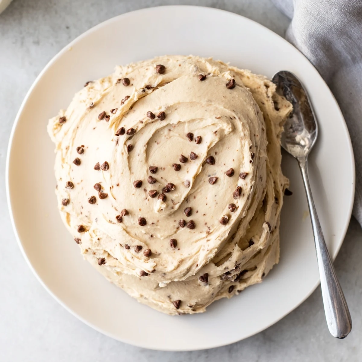 Creamy Cookie Dough Frosting swirled with mini chocolate chips on a freshly frosted cupcake, ready to serve.