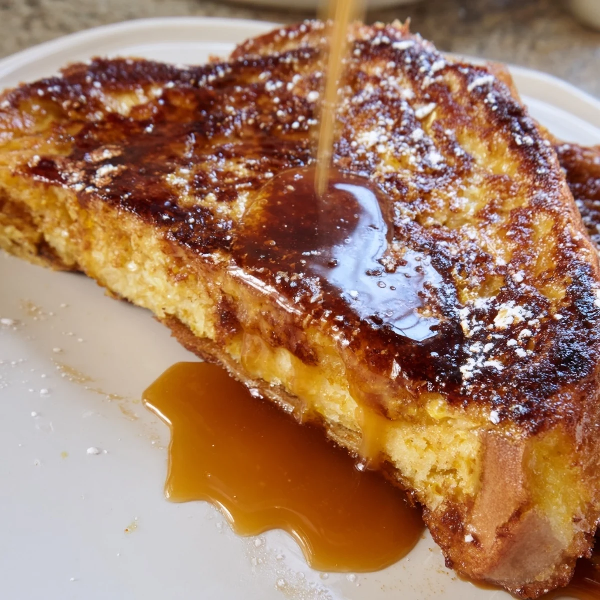 A close-up of Crème Brûlée French Toast reveals soft, custardy brioche topped with a glassy, caramelized sugar shell.