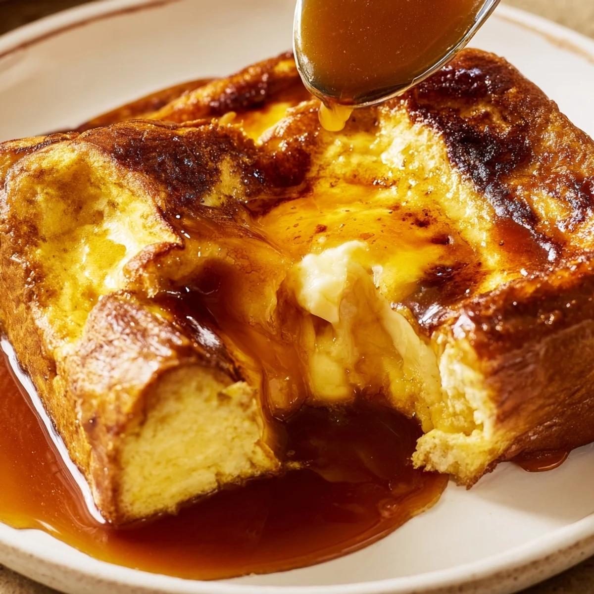 Warm Crème Brûlée French Toast emerges golden from the oven, its caramelized sugar crust crackling under a spoon.