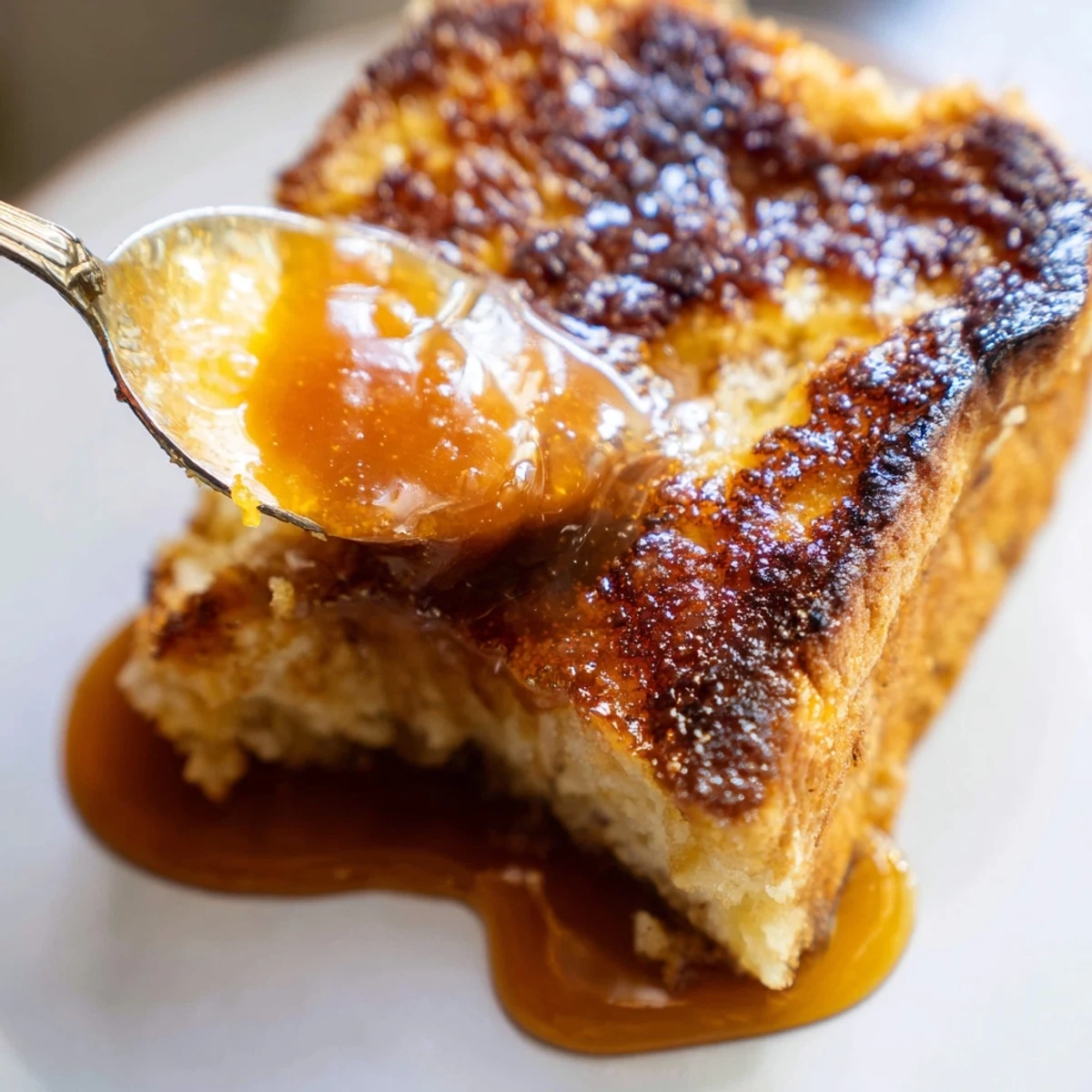 Golden slices of Crème Brûlée French Toast rest on a plate, garnished with fresh berries and a dusting of powdered sugar.
