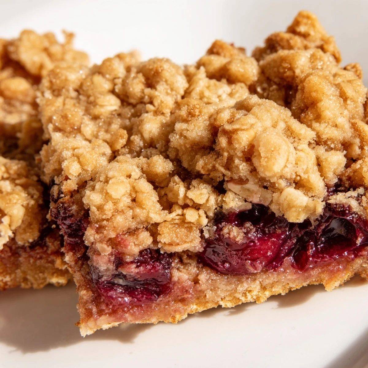 Homemade Cherry Crumble Bars with a golden crumbly topping and sweet-tart cherry filling, served warm for dessert.
