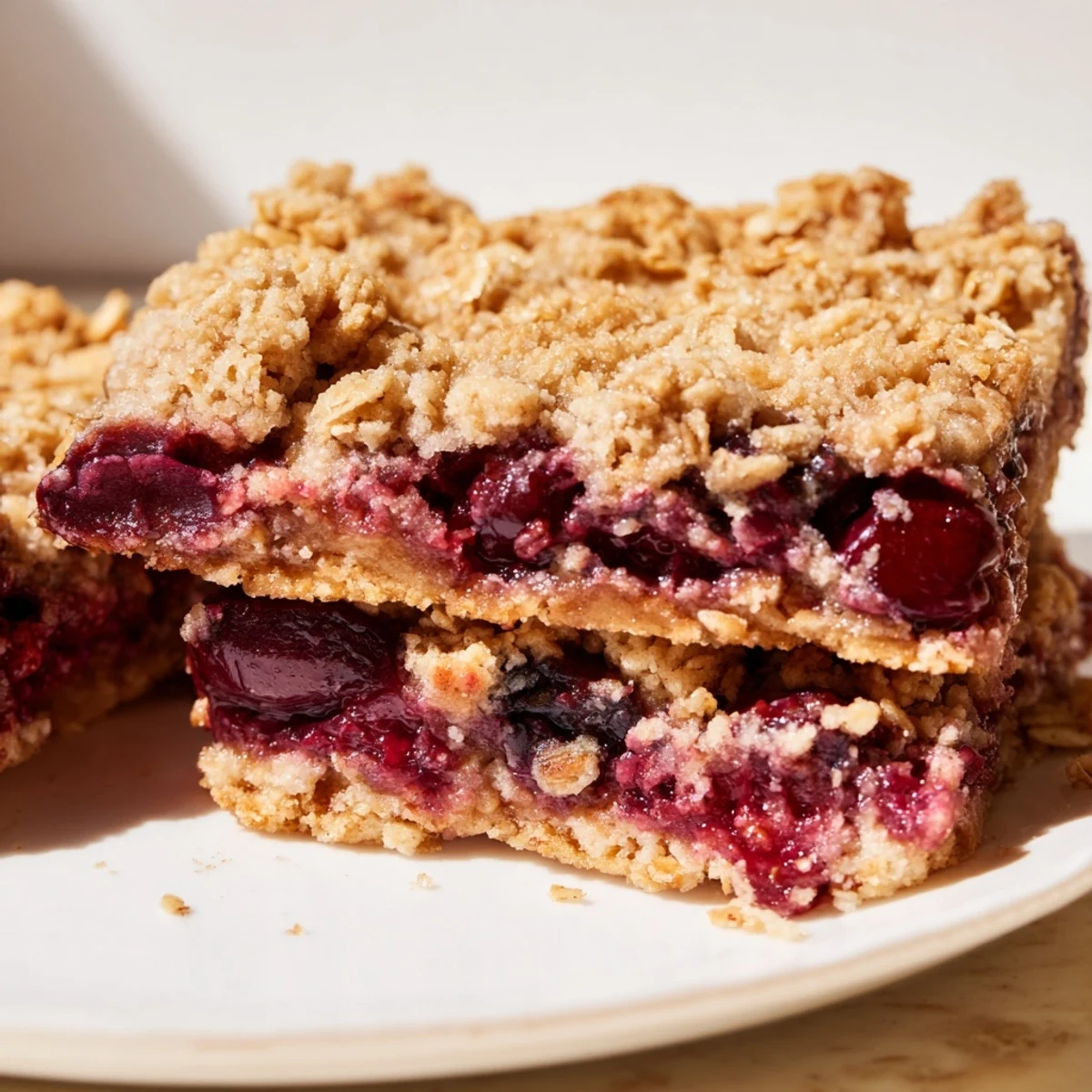 Freshly baked Cherry Crumble Bars on a rustic table with a scoop of vanilla ice cream melting on top.