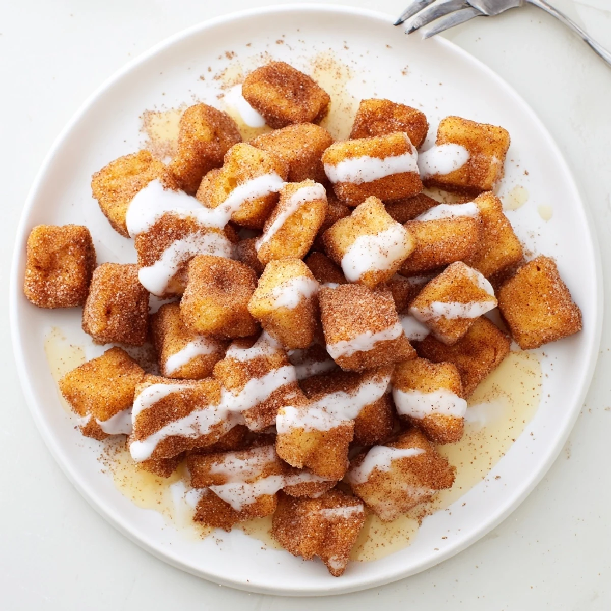 Golden brown Cinnamon Roll French Toast Bites glistening with sweet glaze on a white plate.