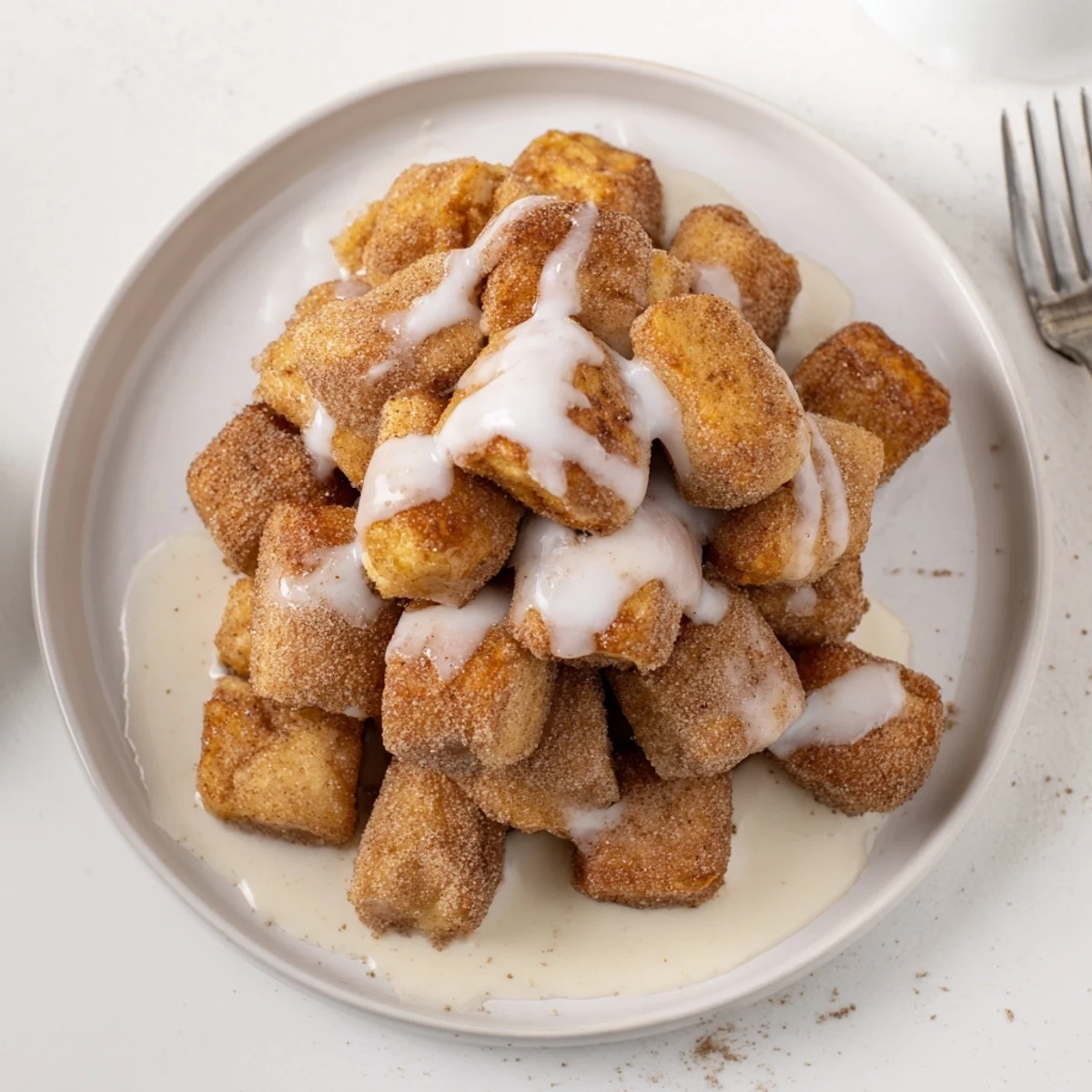 Cinnamon Roll French Toast Bites drizzled with icing and dusted with powdered sugar.