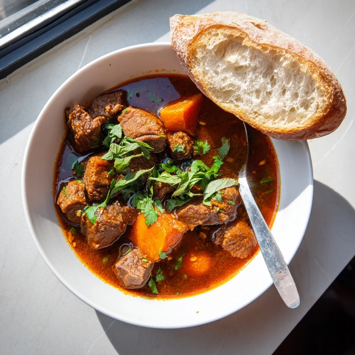 Steaming Bo Kho beef stew features tender chunks and carrots in a fragrant, deep-orange broth beside crusty bread.  