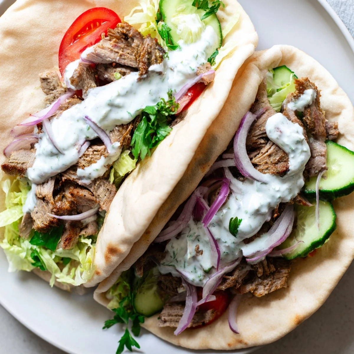 Golden-brown Homemade Doner Kebab meat sliced thinly, topped with fresh cucumber, red onion, and parsley on a toasted pita.