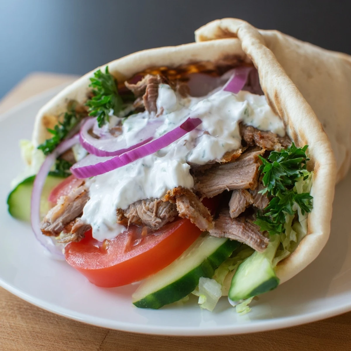 Assembled Homemade Doner Kebab served with tangy yogurt sauce, vibrant vegetables, and seasoned meat, perfect for a hearty lunch.