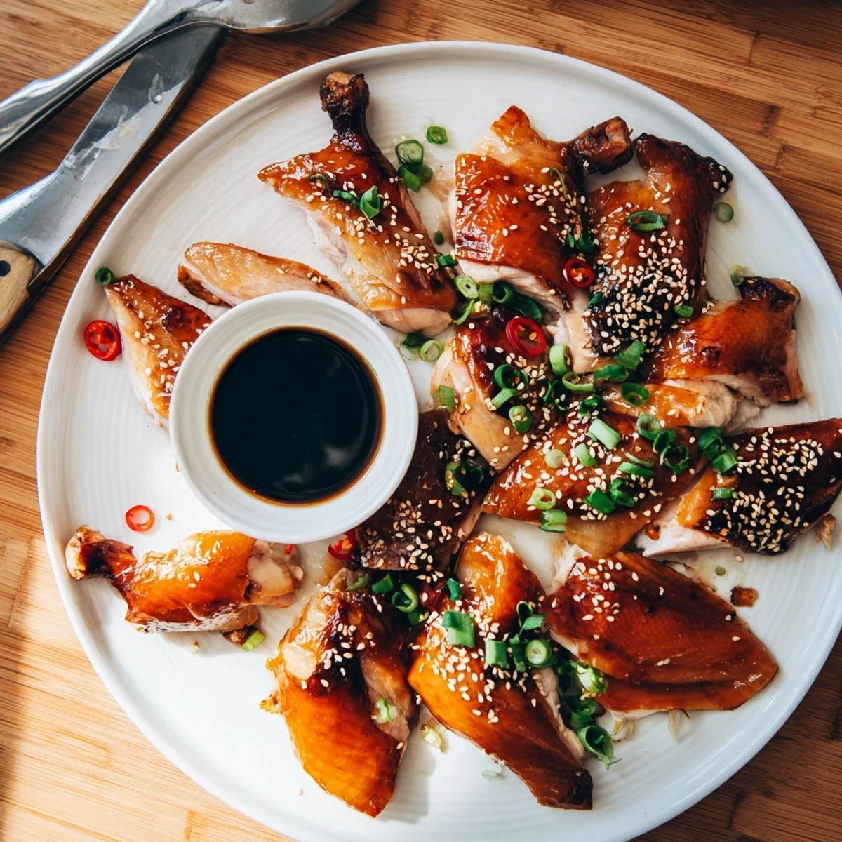 Golden-brown Shandong Roast Chicken with crispy skin rests on a cutting board, ready to be carved and served.