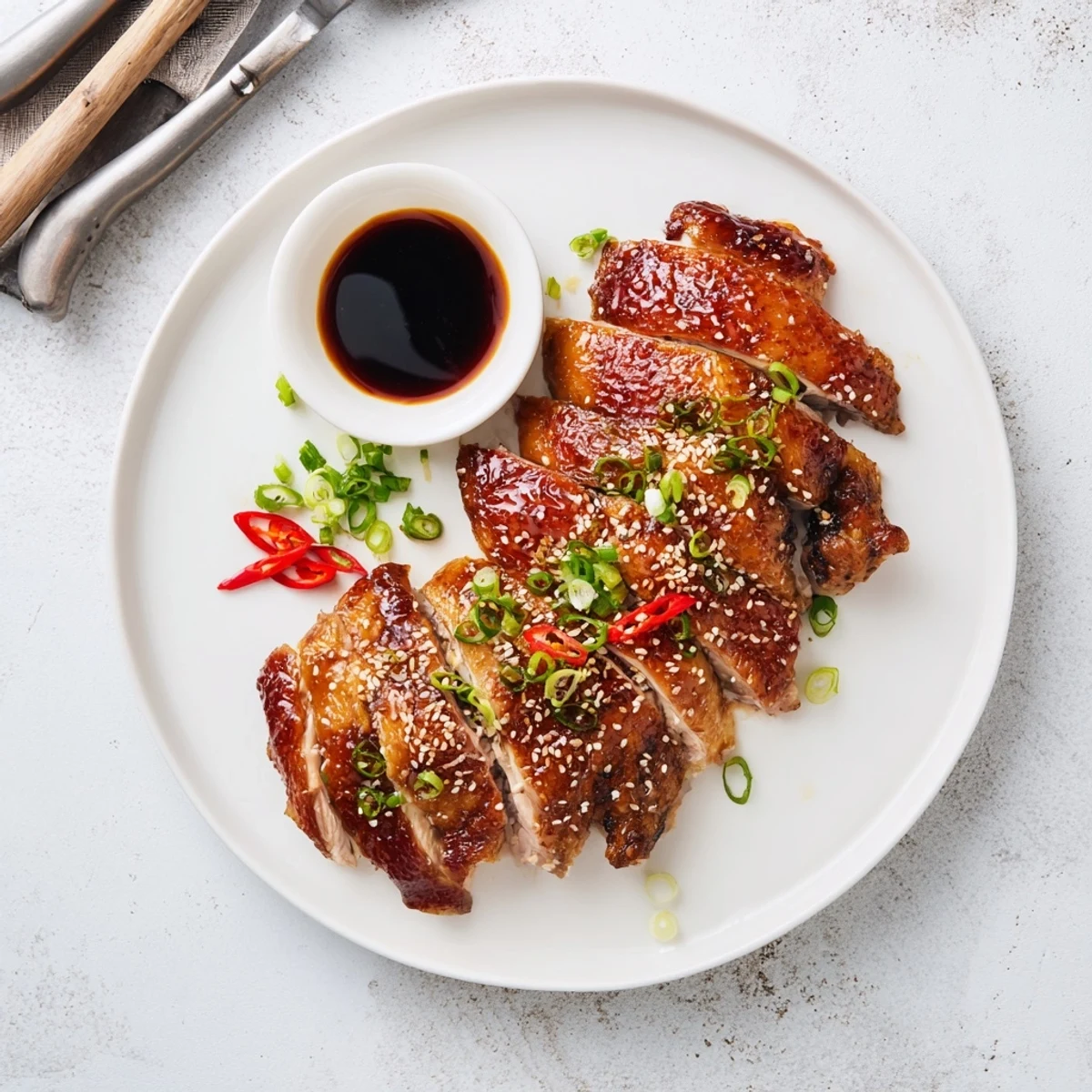 Tender slices of Shandong Roast Chicken with crispy skin are plated over rice with a sprinkle of scallions.