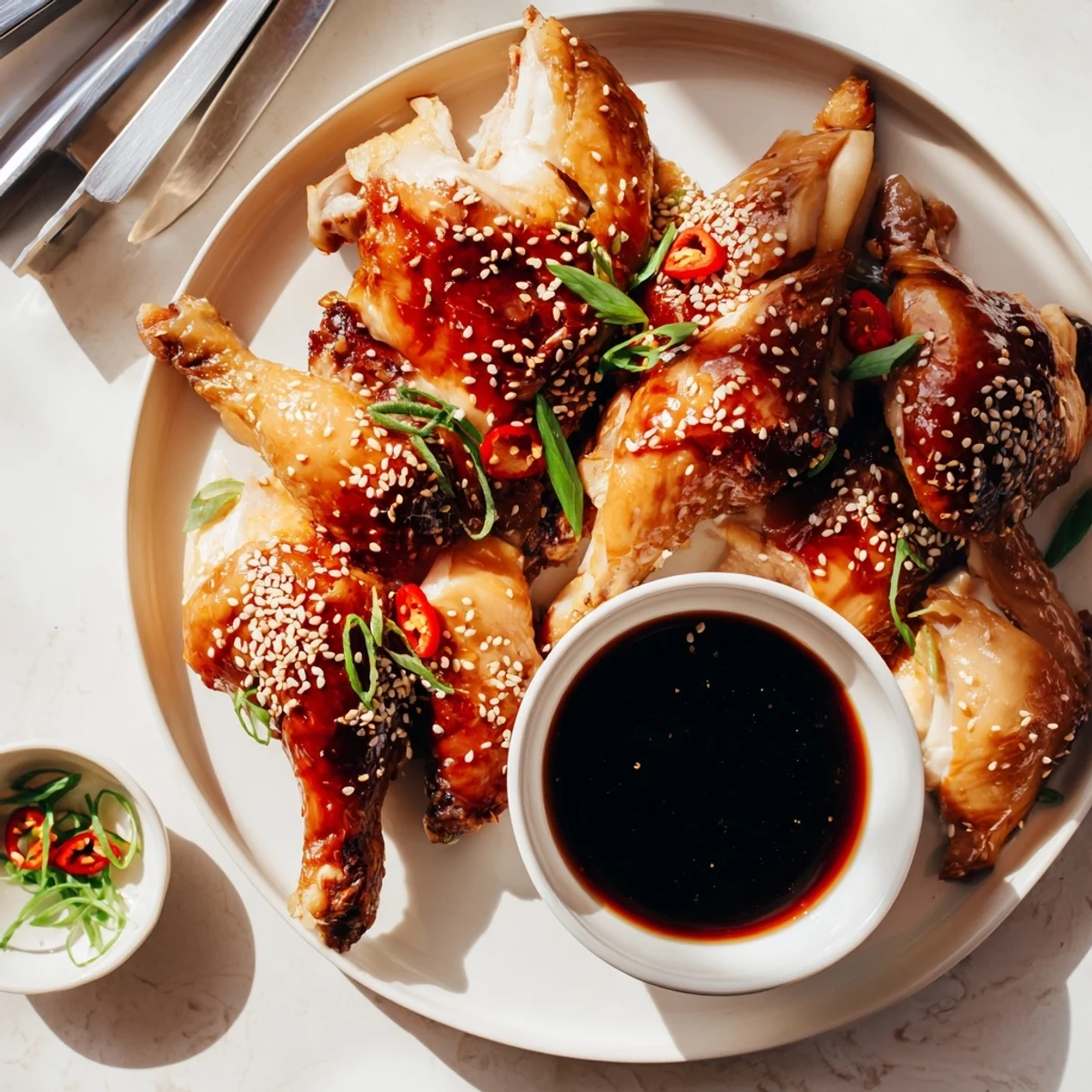 Succulent Shandong Roast Chicken glistening with honey glaze sits beside a small bowl of savory dipping sauce.