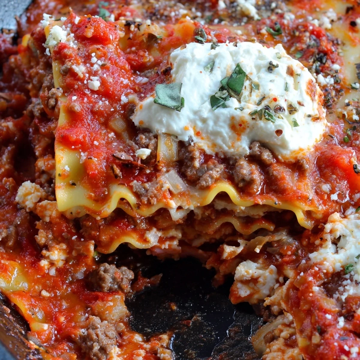 A hearty weeknight Skillet Lasagna with broken noodles in savory tomato sauce and melted cheese, ready to serve.
