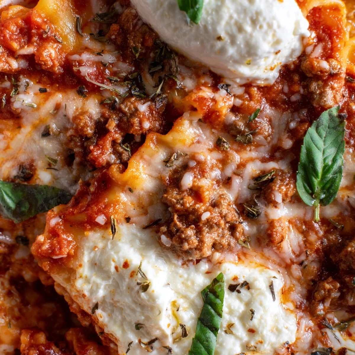 One-pan Skillet Lasagna served steaming hot with a spoonful of ricotta and fresh basil garnish on top.