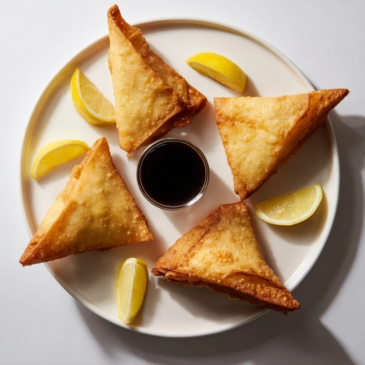 Crispy golden Spiced Meat Sambusas with flaky pastry served beside a small bowl of tangy chutney.
