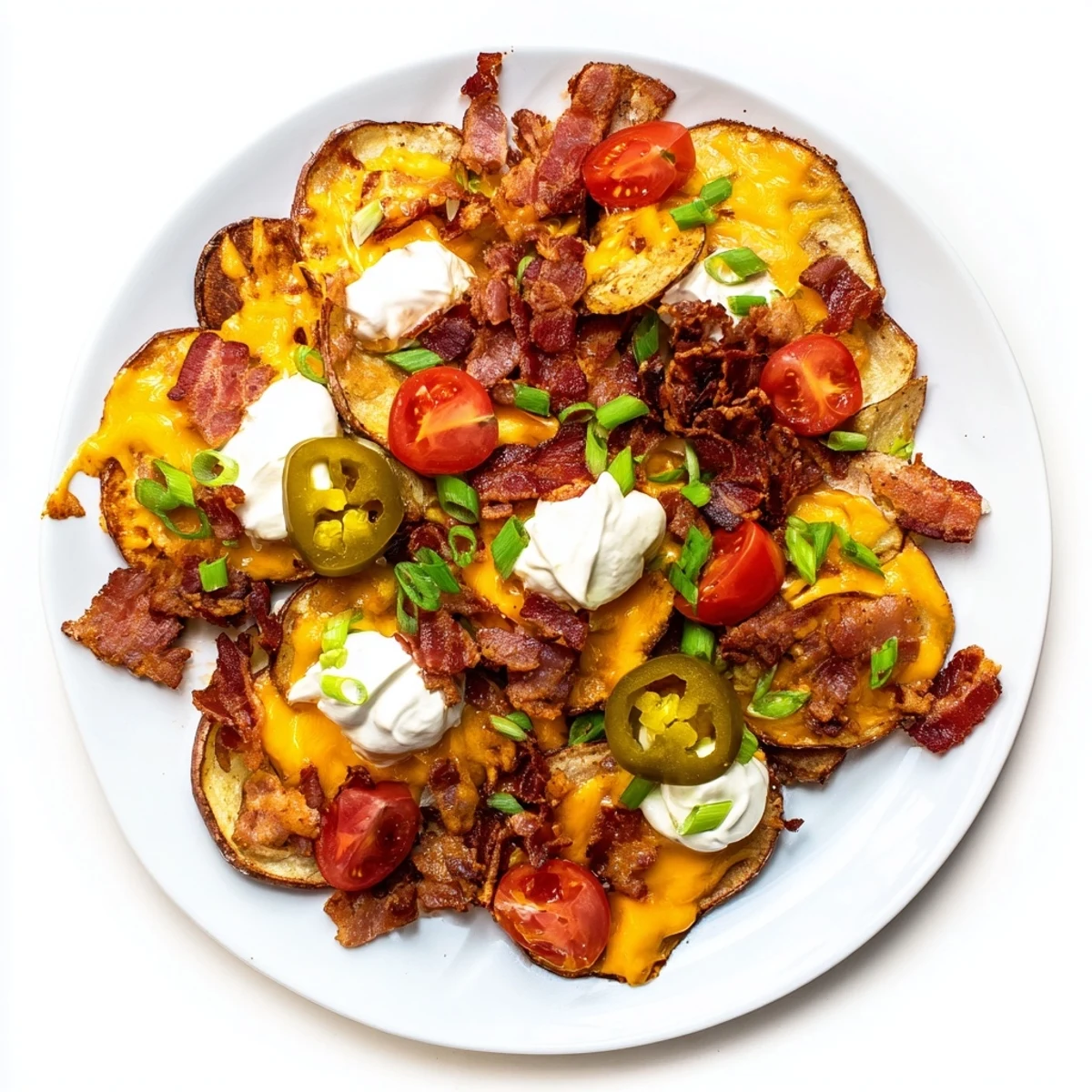 Irish Nachos served hot with sour cream and green onions on a rustic platter for sharing.