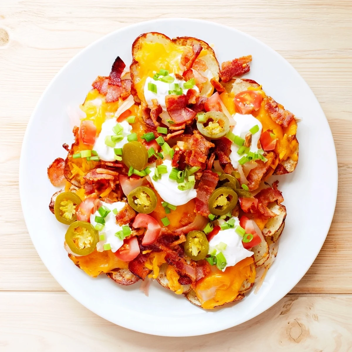 Crispy baked potato slices loaded with melted cheddar, bacon, and fresh toppings for Irish Nachos.